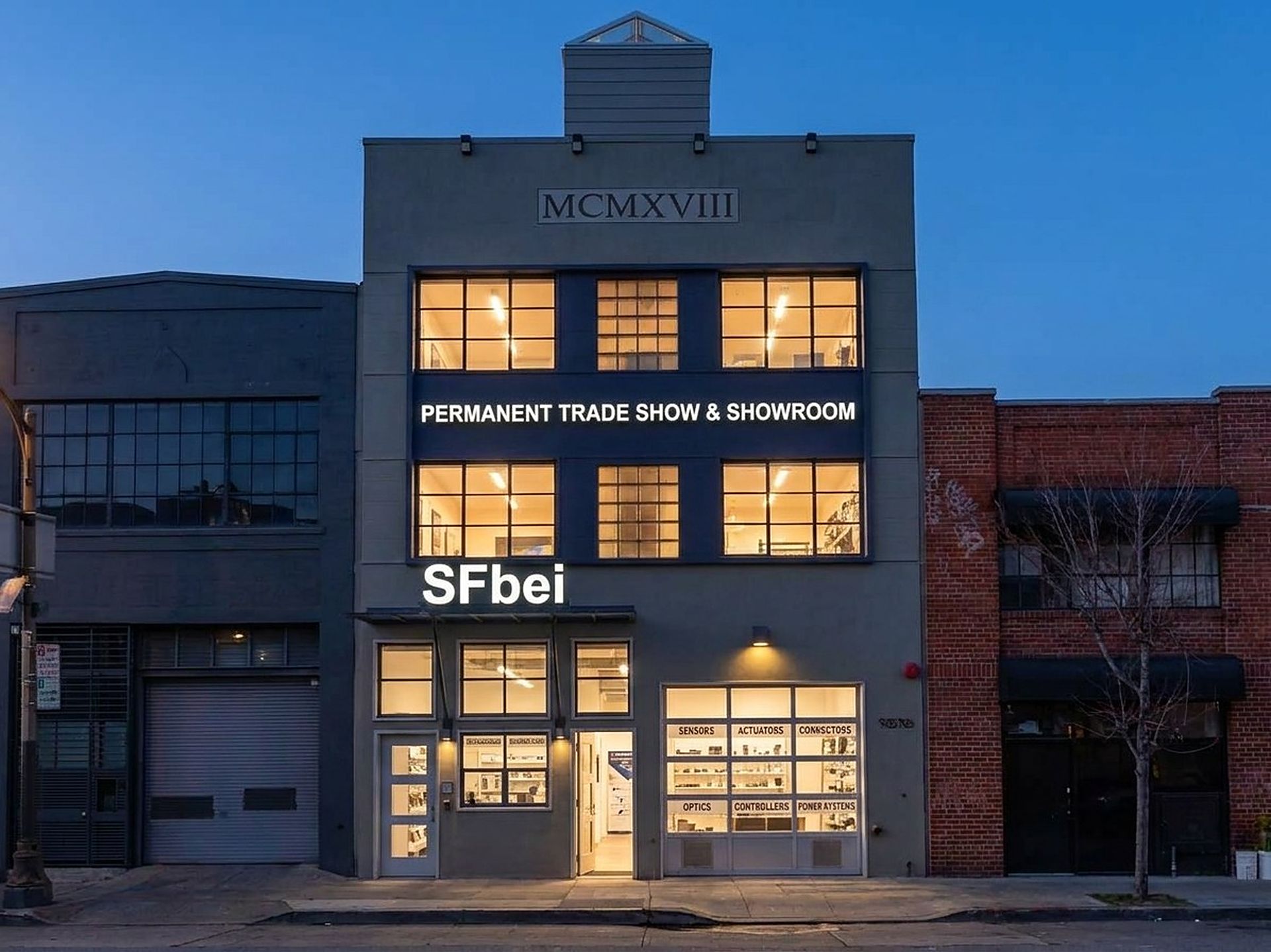 The SFbei building at 1070 Bryant Street at dusk, its display windows lit from within