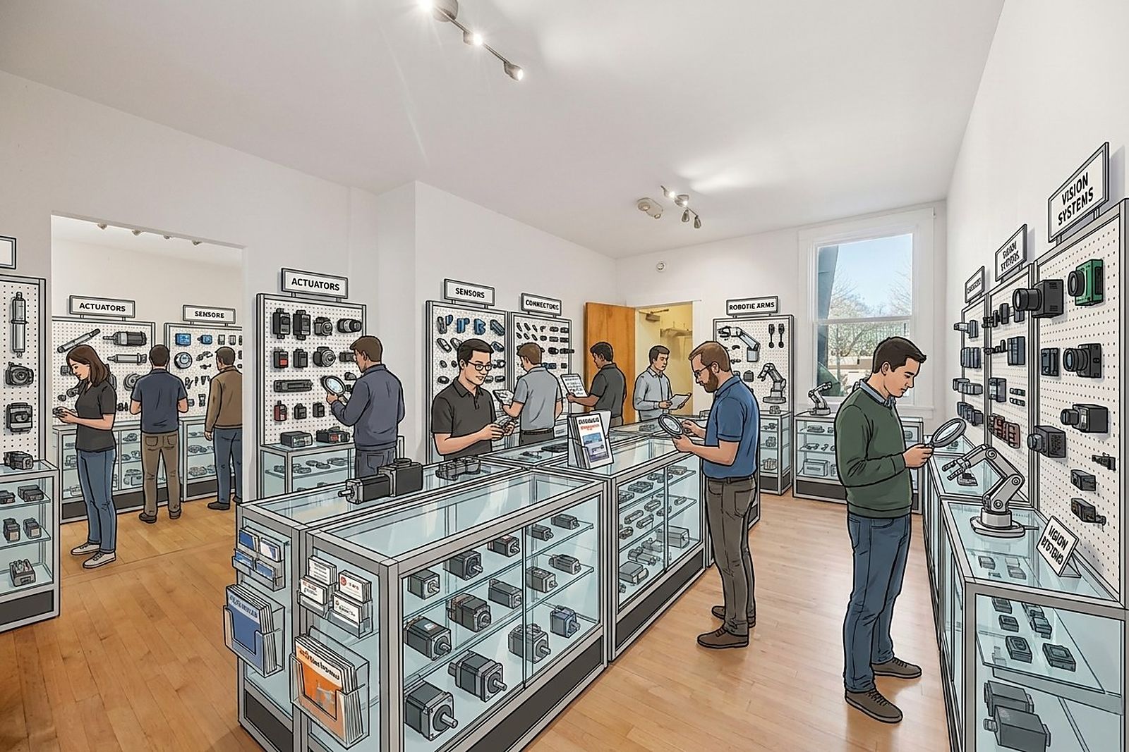 Buyers at glass cases along the components floor