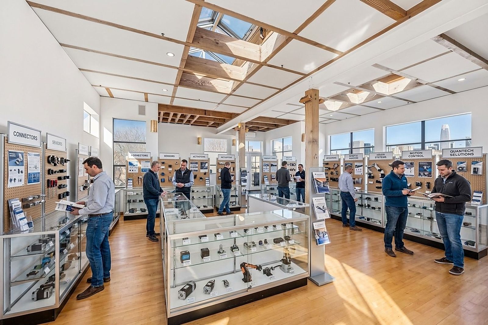 Rows of lit display cases in the SFbei showroom
