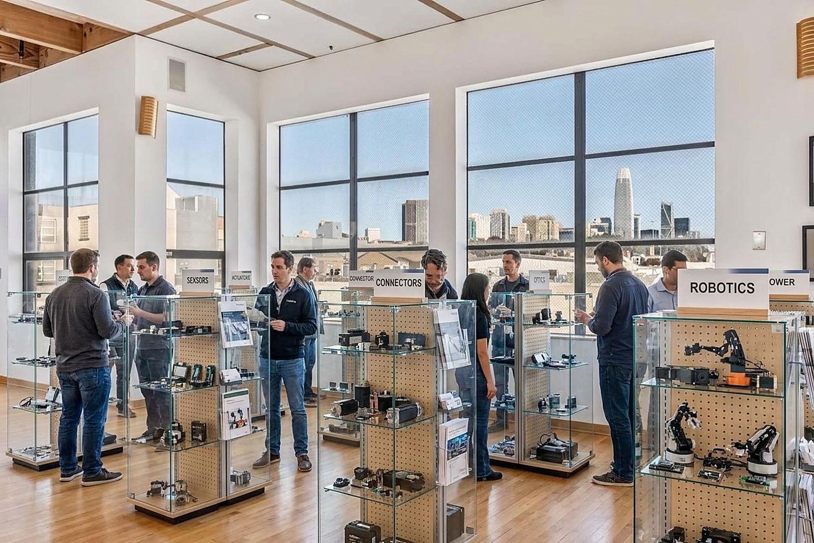 Component displays beside a large window with a city view