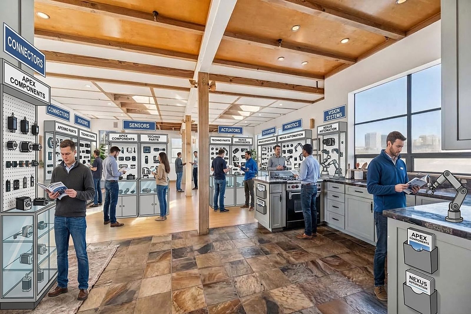 A busy showroom hall with buyers at multiple displays