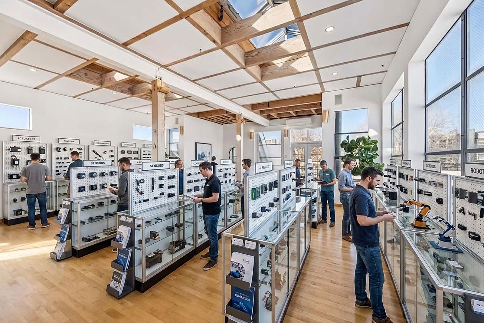 Engineers browsing component displays under the skylights