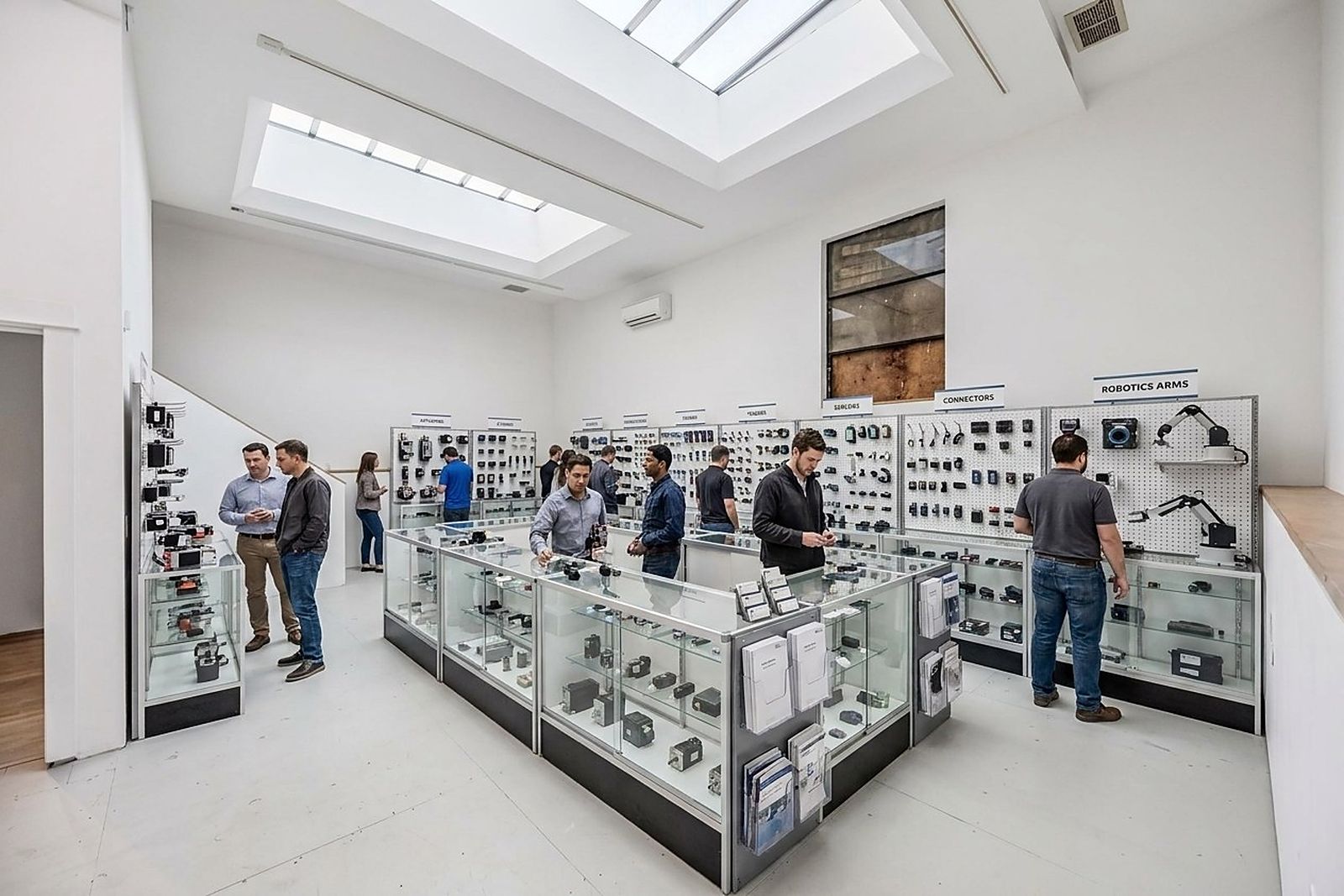 Glass cases under the skylights on the components floor