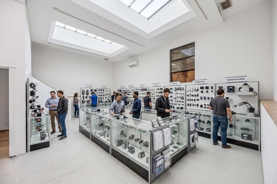 Buyers browsing lit glass cases under skylights