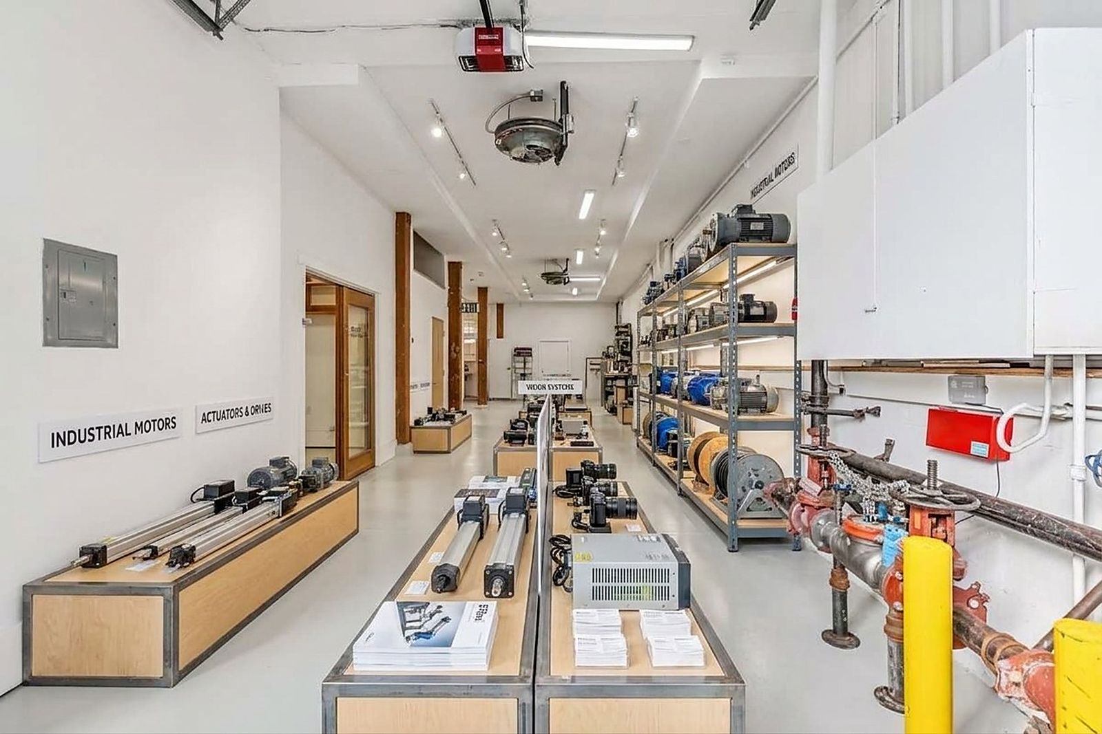 The lower-level aisle of industrial motors and actuators