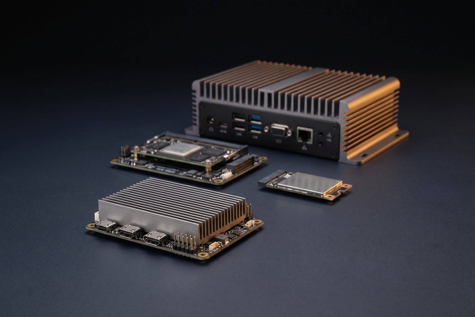 Edge computing and embedded components arranged on a dark studio surface