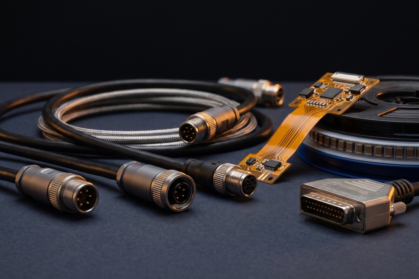 Electronics and interconnect components arranged on a dark studio surface