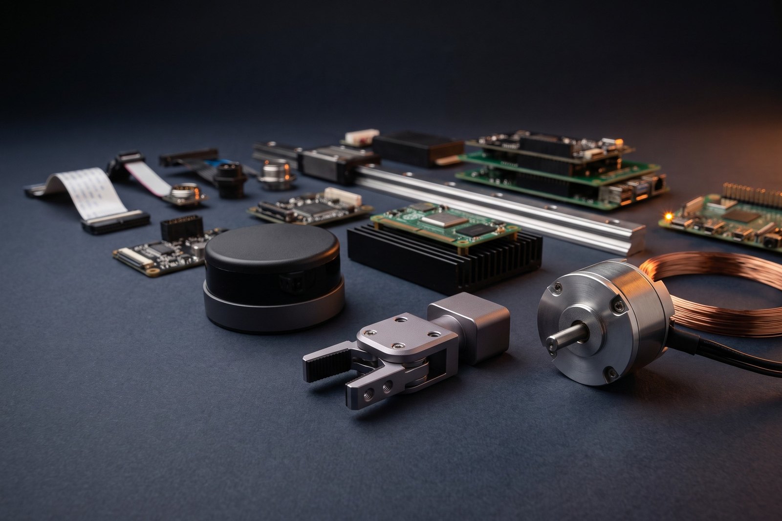 A spread of precision hardware components on a dark studio surface