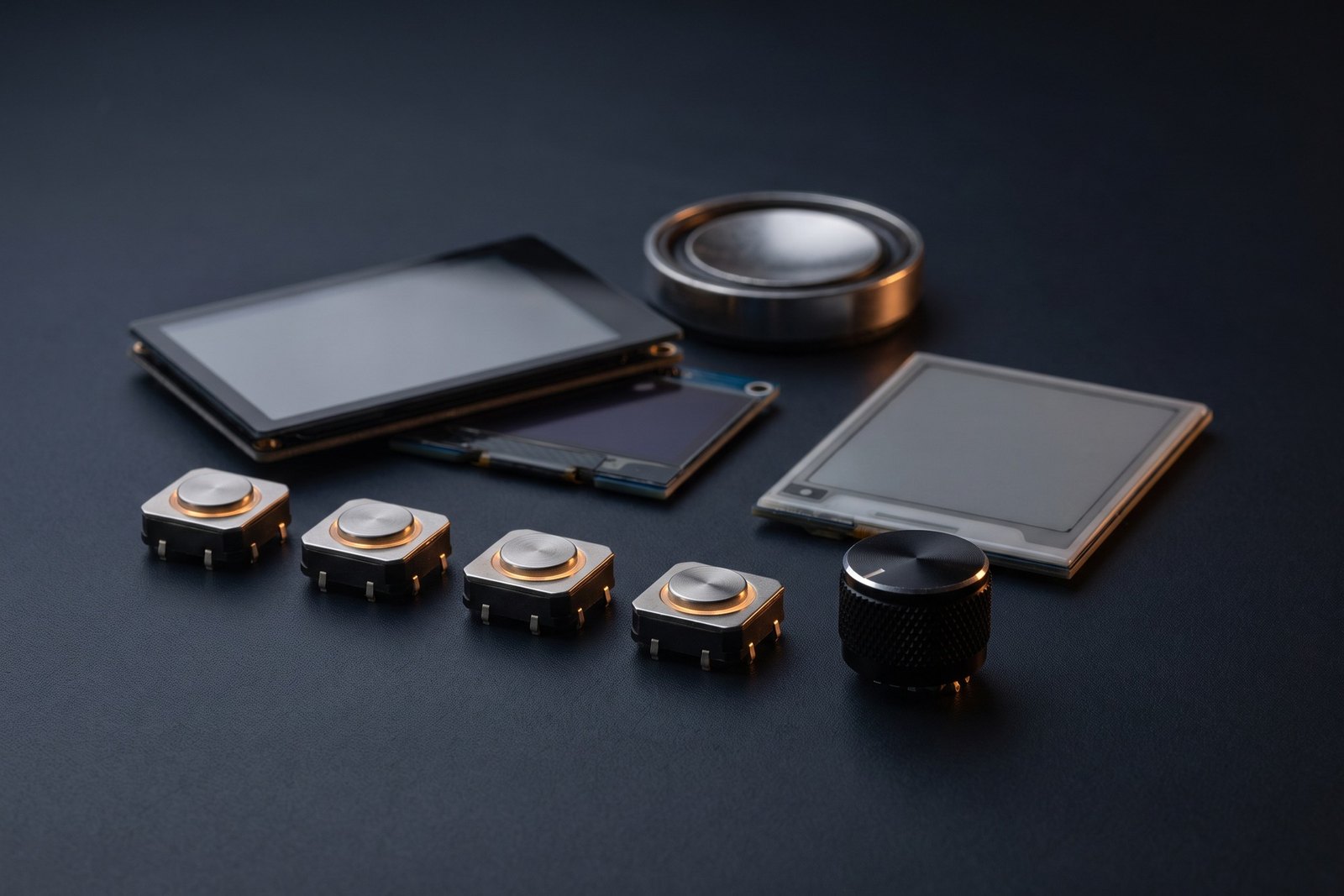 Displays and human interface components arranged on a dark studio surface