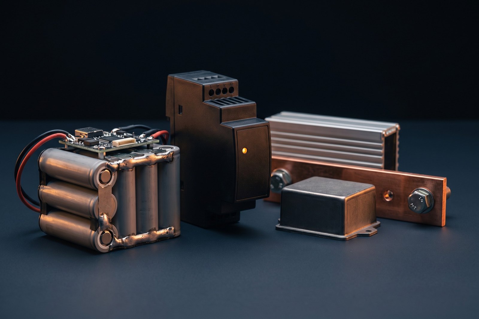 Power and energy components arranged on a dark studio surface