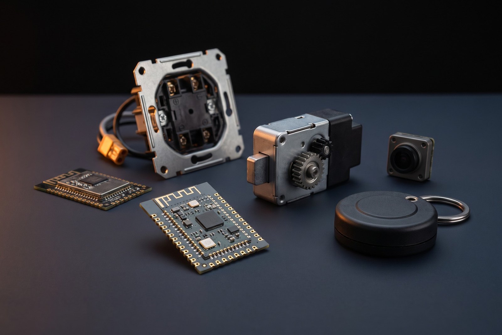 Smart home and IoT components arranged on a dark studio surface