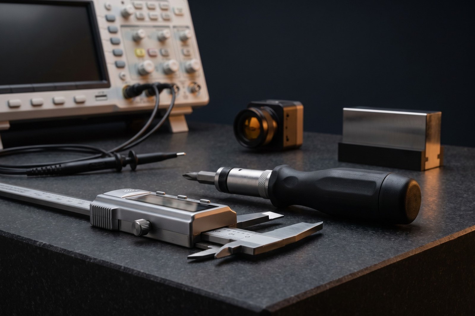 Hand tools and power tools components arranged on a dark studio surface