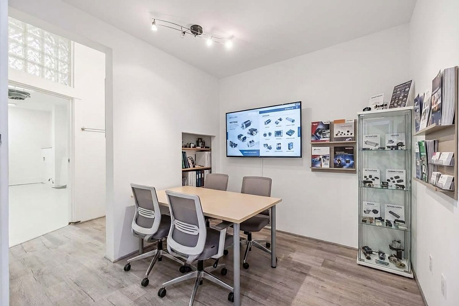A meeting pod with a screen and product cases