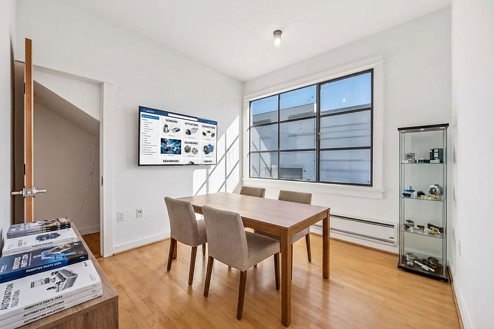 A small meeting room with chairs and a screen