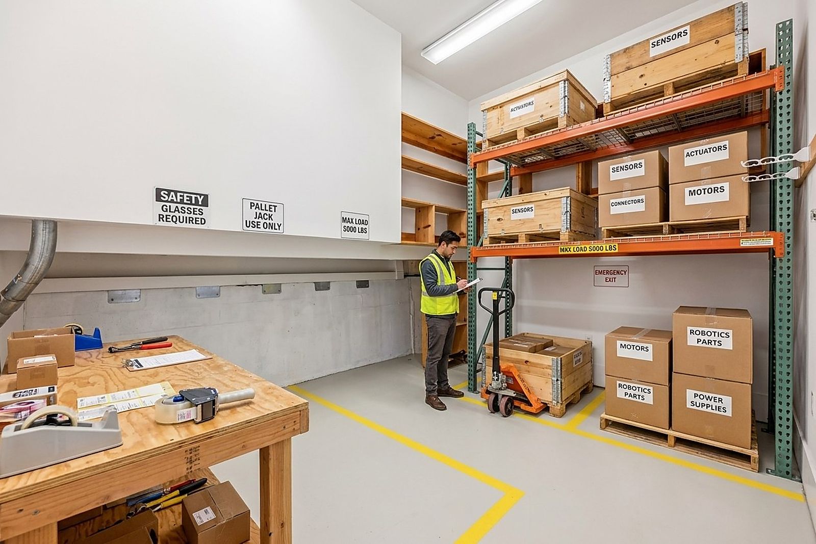 The receiving bay with pallet racking and logged stock