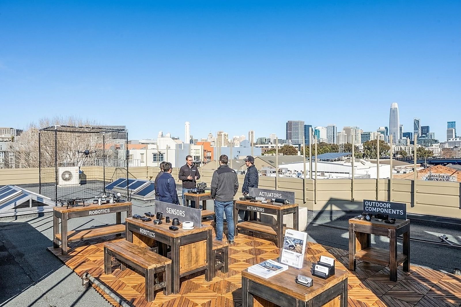 Outdoor component displays on the roof terrace in daylight
