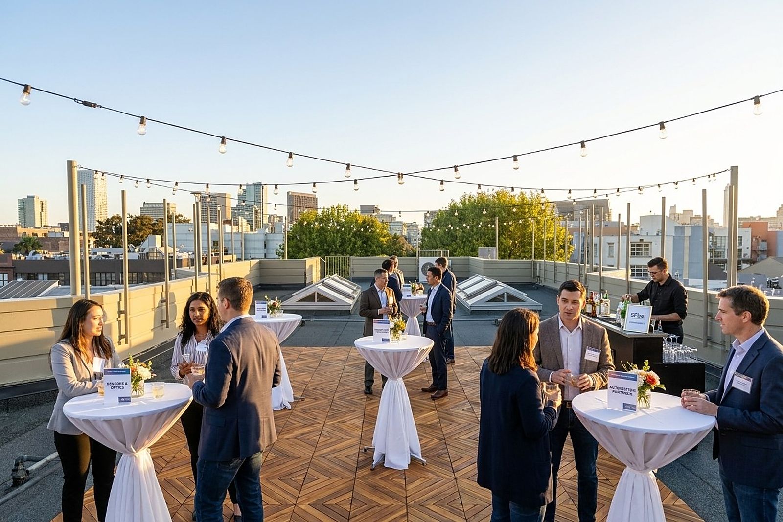 Guests at an evening mixer on the roof deck