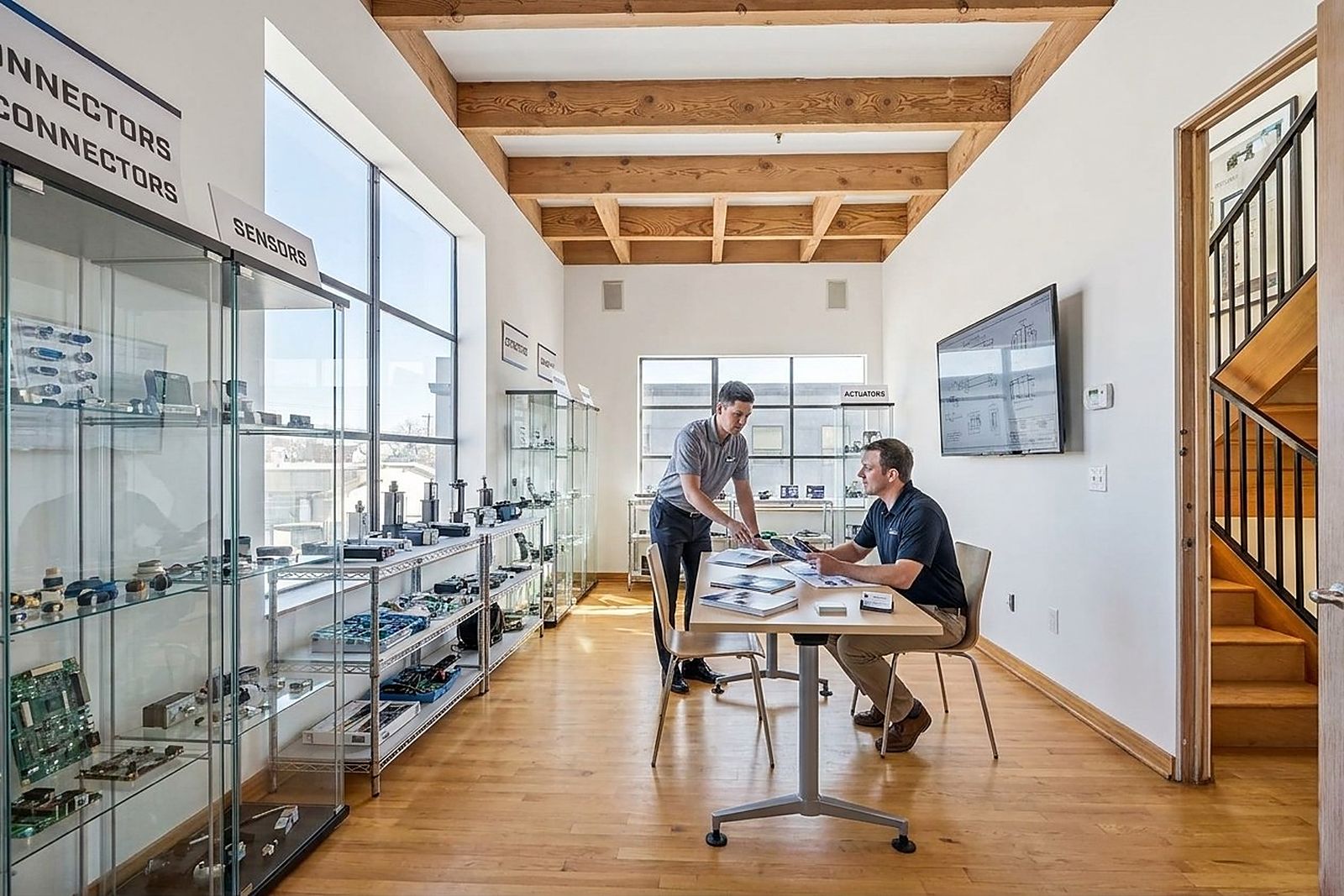 A supplier meeting a buyer in a private room of product cases