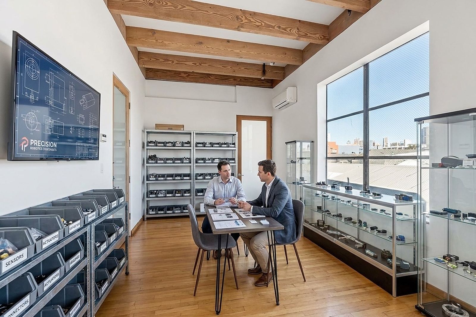 A supplier meeting a buyer in a private room lined with product racks